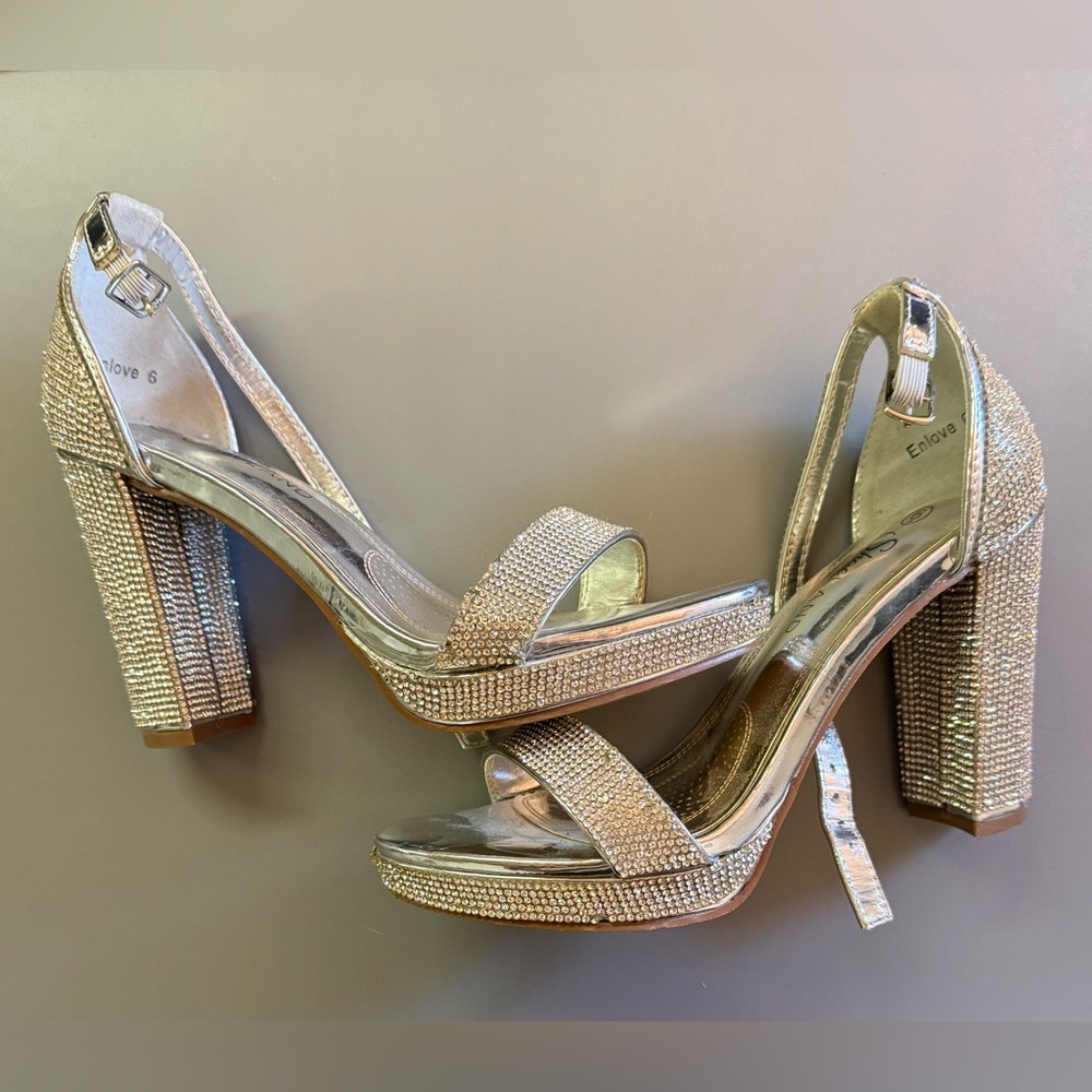 Love Gold Rhinestone Platform Block Heel Sandals